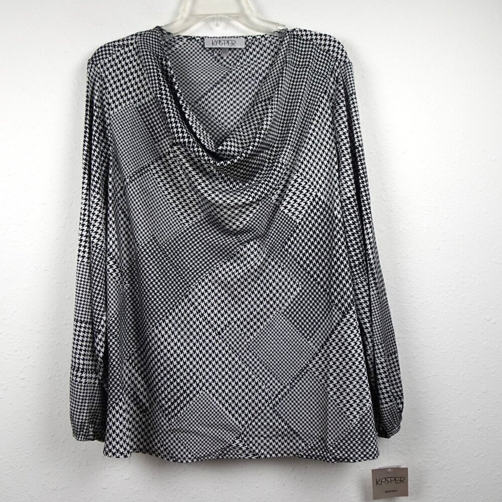 Kasper Houndstooth Top Women's Plus Size 1X Black White Long Sleeve Cowl Neck - Picture 2 of 10